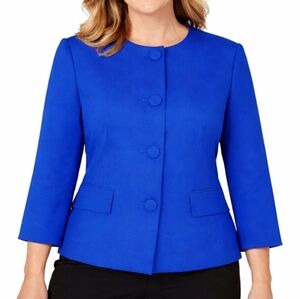 Le Suit Blazer Women Size 14 Blue 3/4 Slit Sleeve Flap Pockets 4 Button Lined